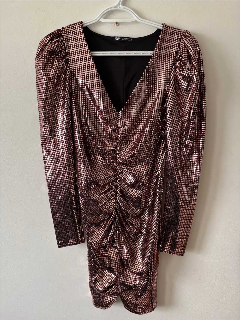 Zara Metallic Rose Gold Sequin Long-Sleeve Ruched V-Neck Dress
